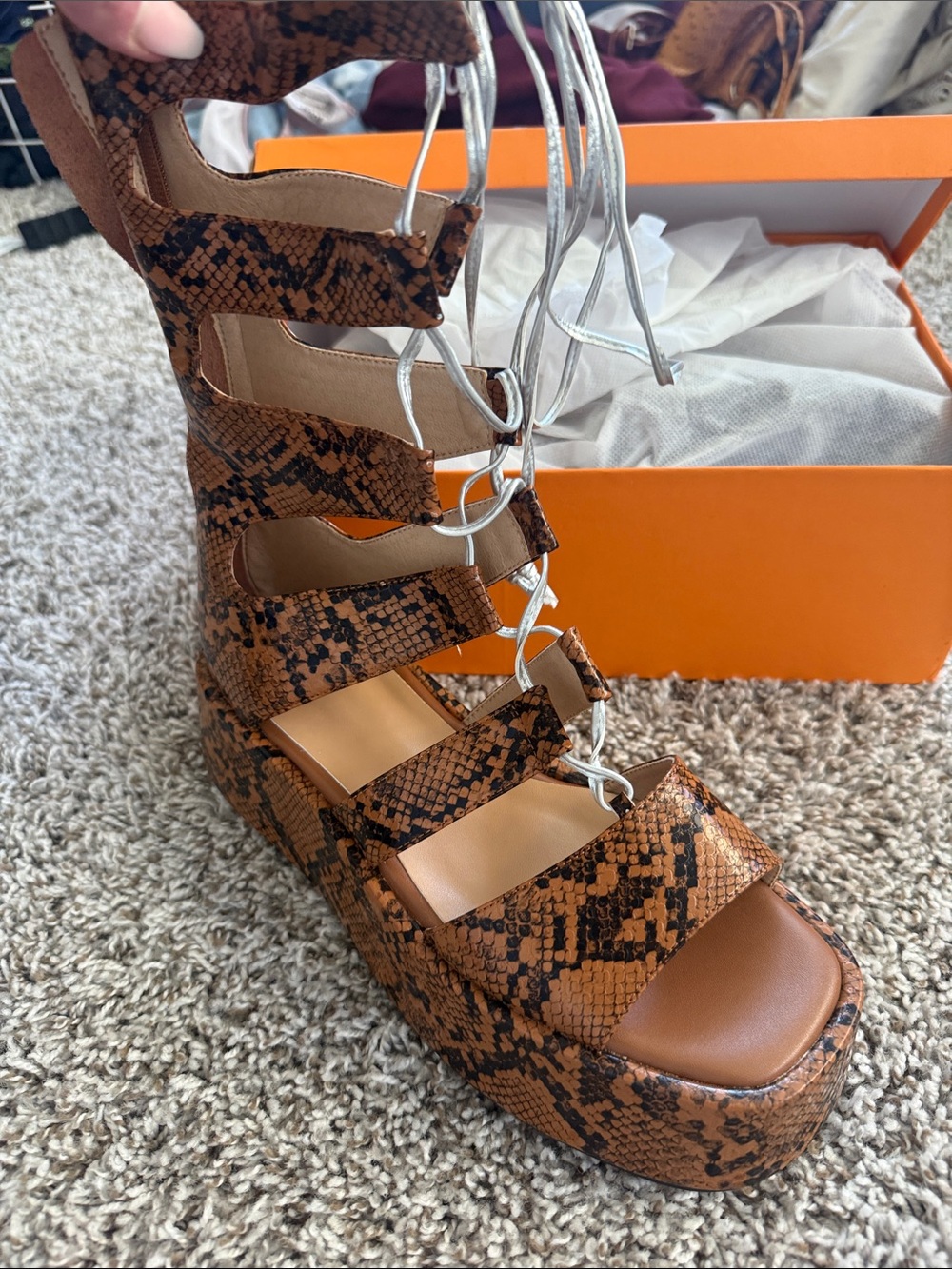 Brown Snake-Print Lace-Up Platform Gladiator Sandals